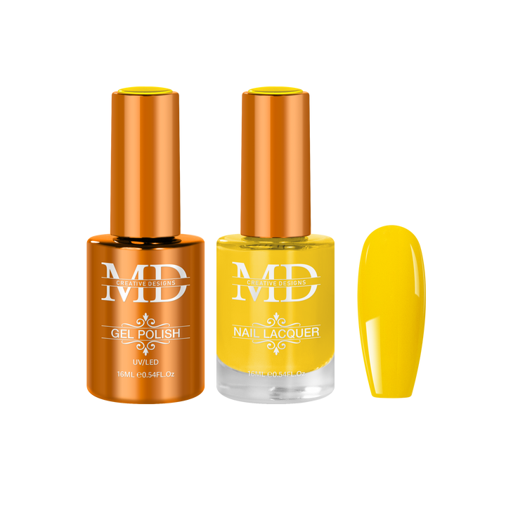 Two bottles of nail polish with a yellow nail tip swatch on a white background