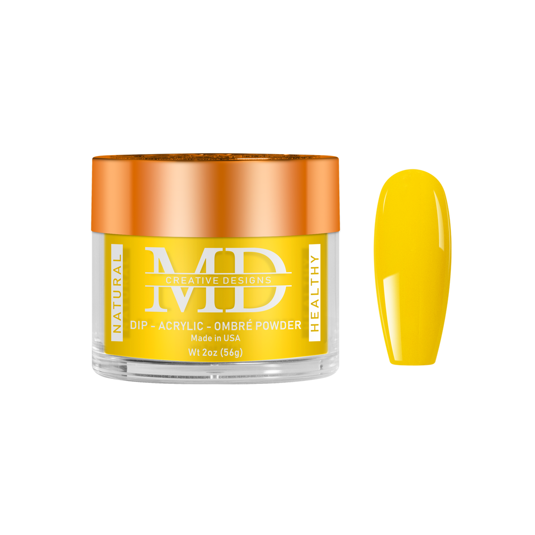 Yellow nail powder with a clear container on a white background