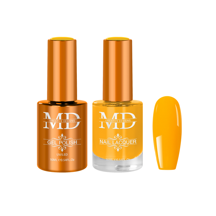 Two bottles of orange nail polish with a matching nail tip swatch on a white background