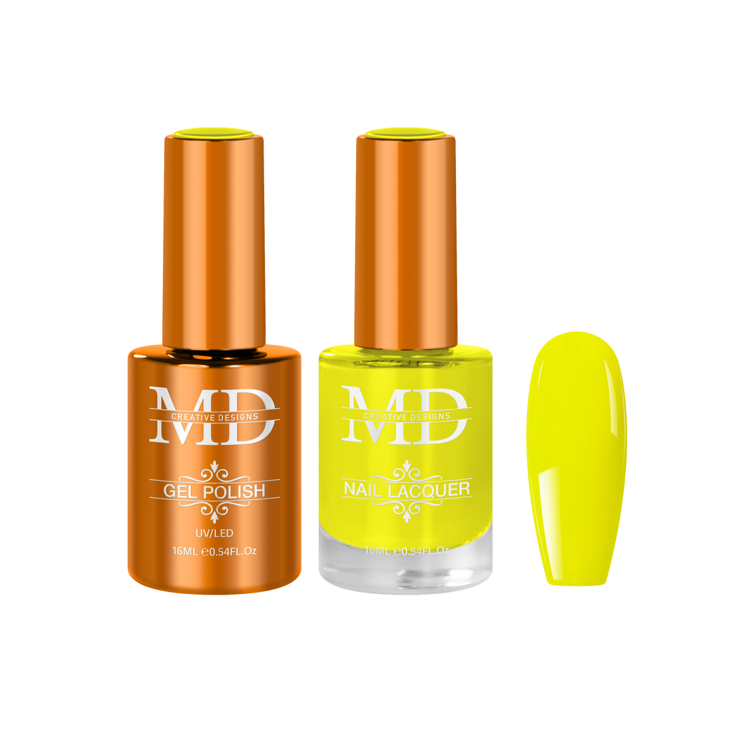 Two nail polish bottles with yellow and a yellow nail tip swatch on a white background.