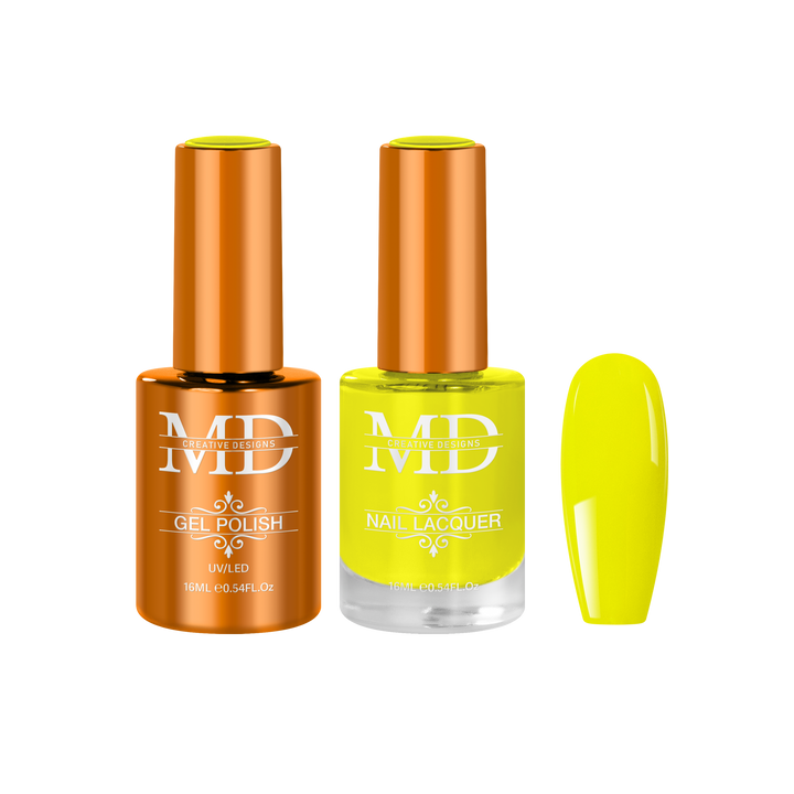Two nail polish bottles with yellow and a yellow nail tip swatch on a white background.