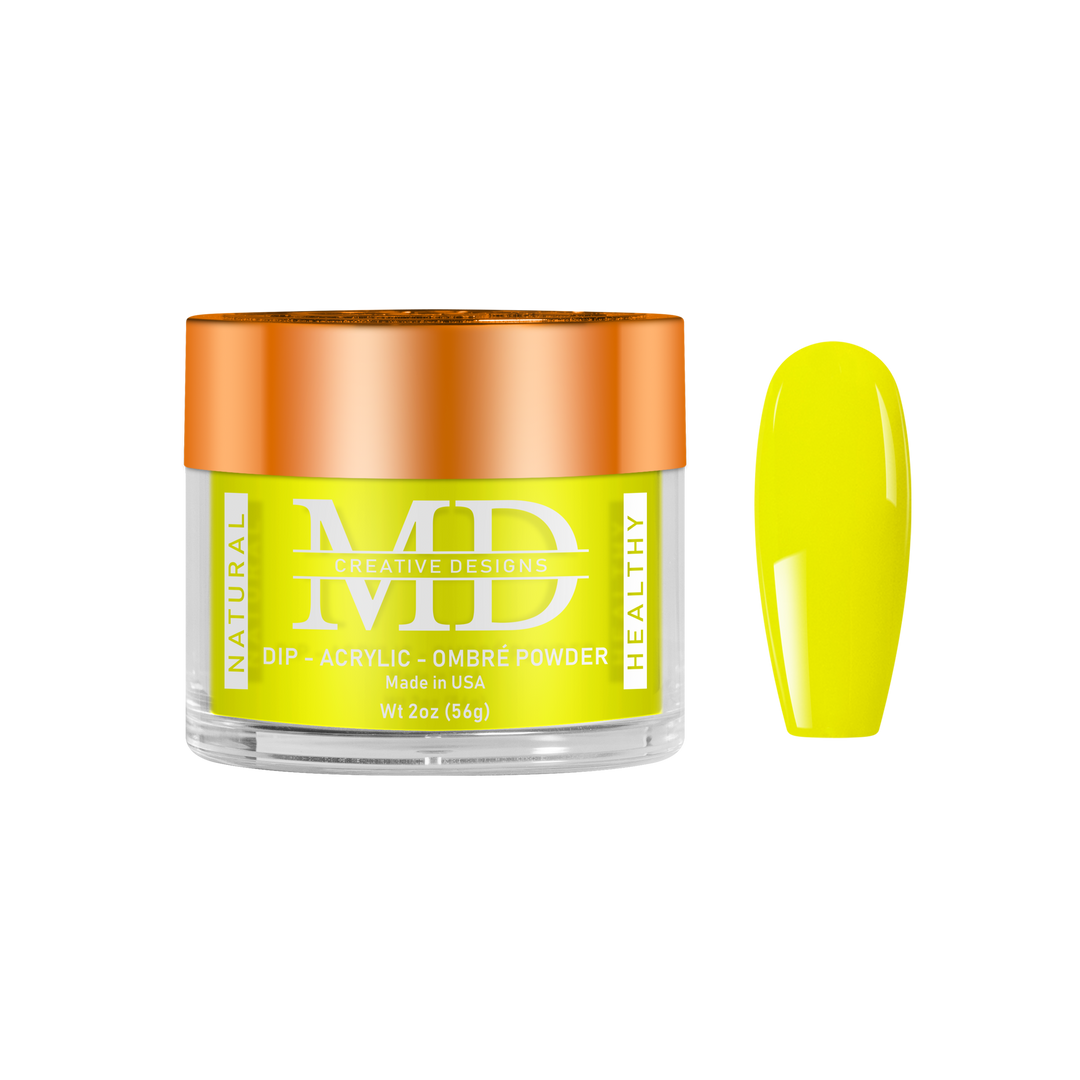 Yellow nail powder in a clear container with orange lid on a white background