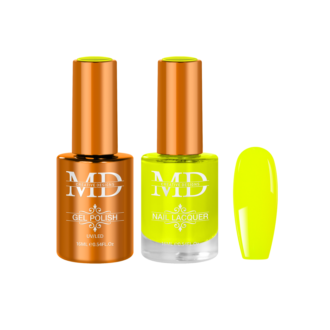 Two nail polish bottles with a neon green nail tip swatch on a white background