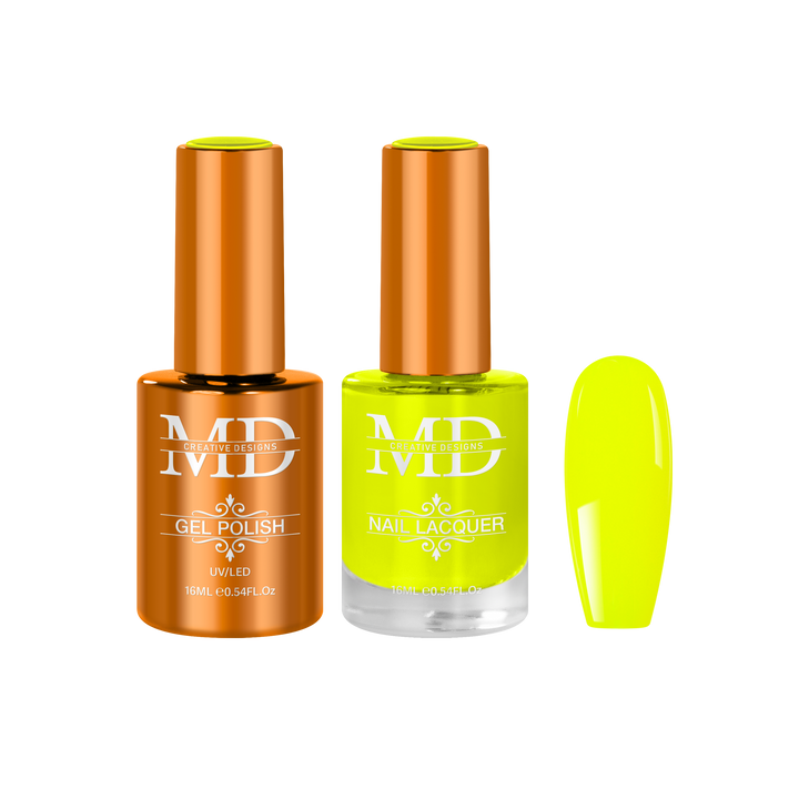 Two nail polish bottles with a neon green nail tip swatch on a white background