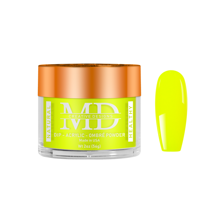 Nail powder jar with bright yellow powder on a white background