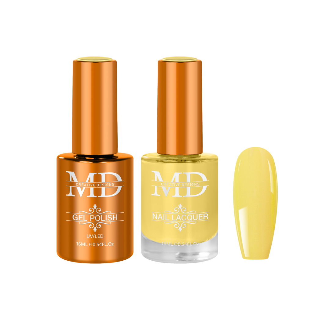 Two nail polish bottles with a yellow nail tip swatch on a white background