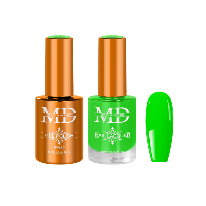 Two nail polish bottles with a green nail tip swatch on a white background.