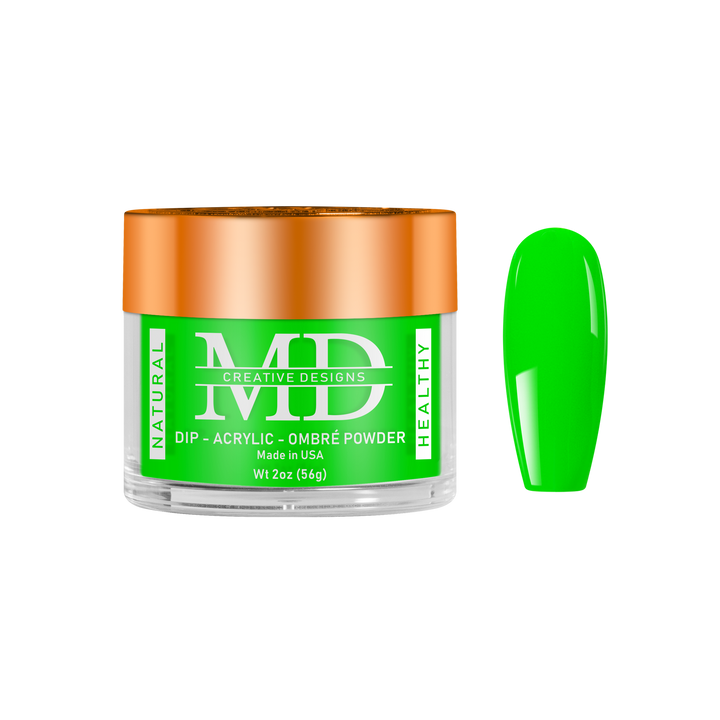 Green nail powder in a clear container with an orange lid on a white background