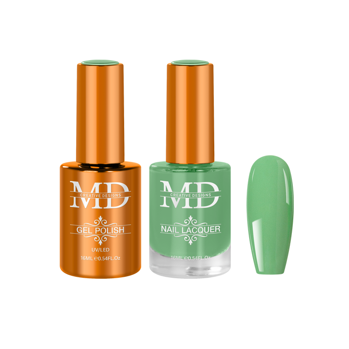Two bottles of nail polish with a green nail tip swatch on a white background.