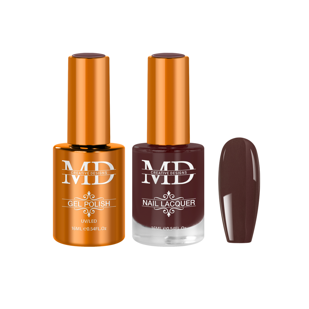 Two nail polish bottles with a brown nail tip swatch on a white background