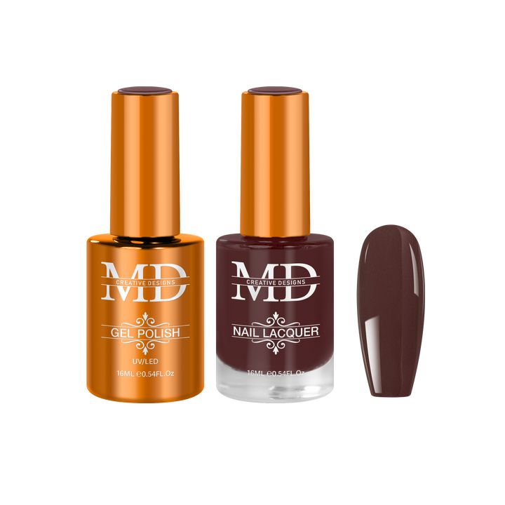 Two nail polish bottles with a brown nail tip swatch on a white background