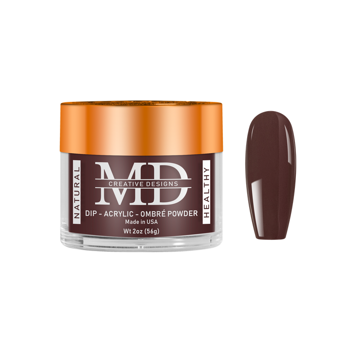Jar of MD nail powder with a brown color swatch on a white background