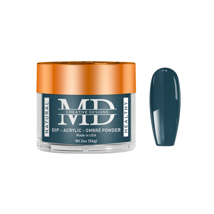 Jar of MD nail powder with a teal color swatch on a white background