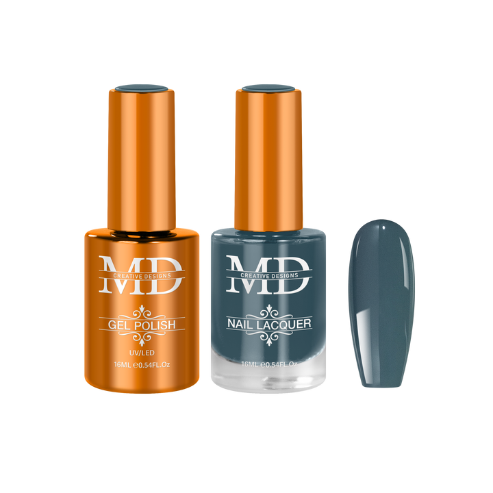 Two nail polish bottles with a gray nail tip swatch on a white background