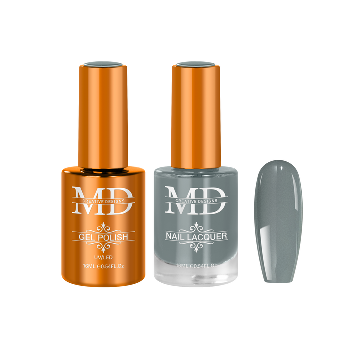 Two nail polish bottles with a gray nail tip swatch on a white background