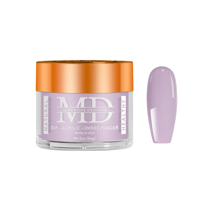 Jar of MD nail powder with a matching purple nail tip swatch on a white background