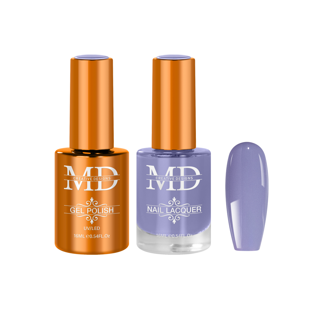 Two nail polish bottles with a purple nail tip swatch on a white background