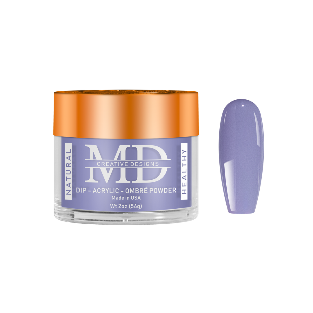 Jar of MD nail powder with a matching purple nail tip swatch on a white background