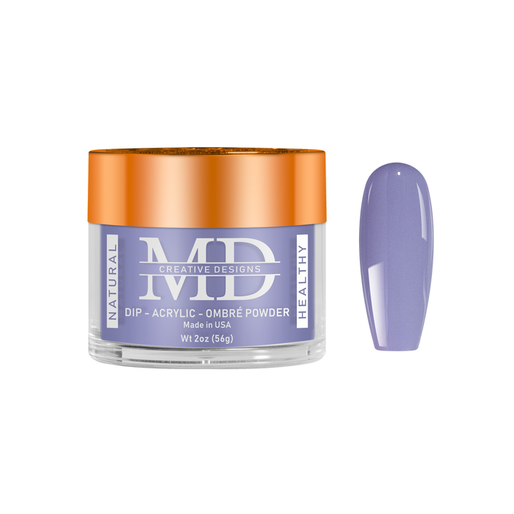 Jar of MD nail powder with a matching purple nail tip swatch on a white background