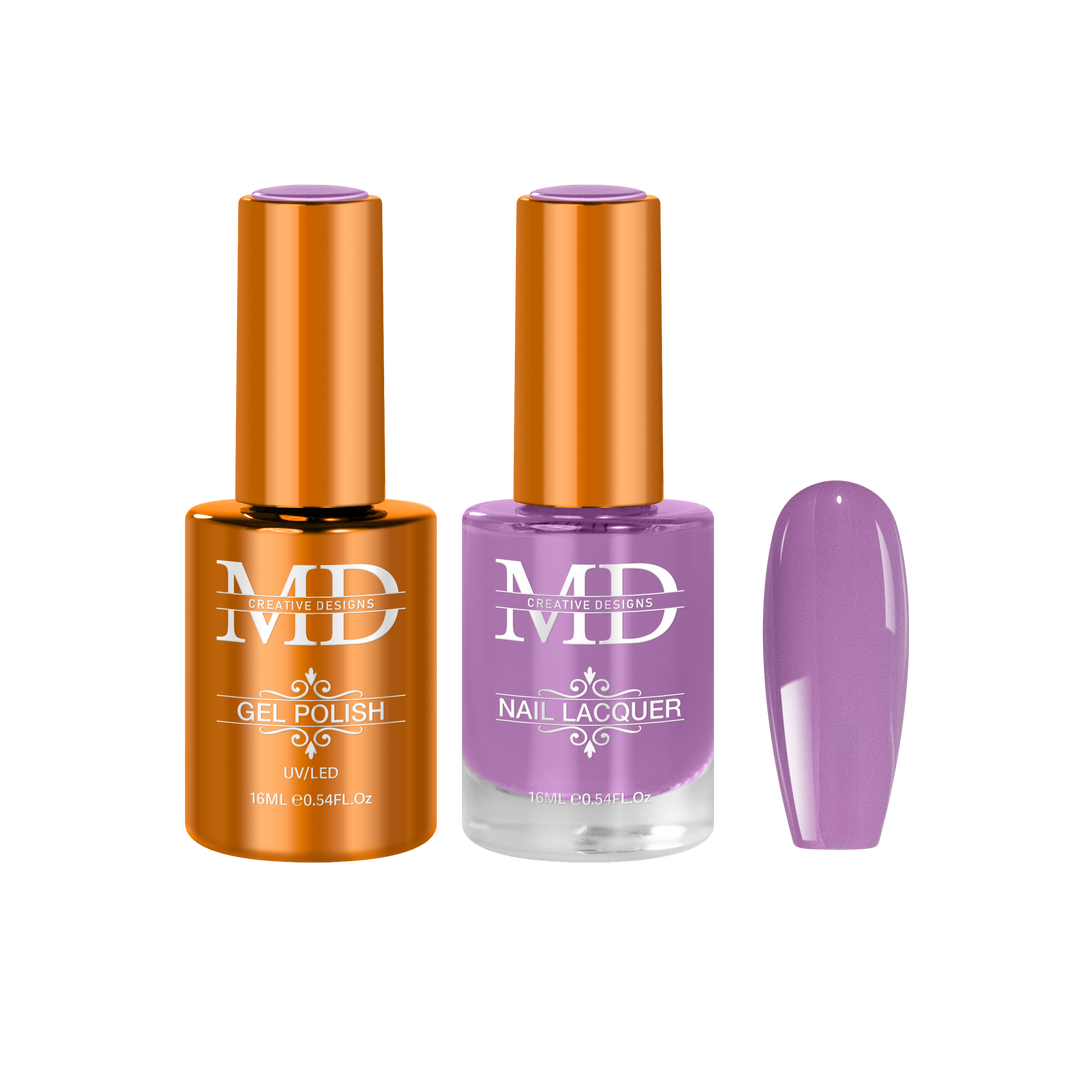 Two nail polish bottles with a purple nail tip swatch on a white background