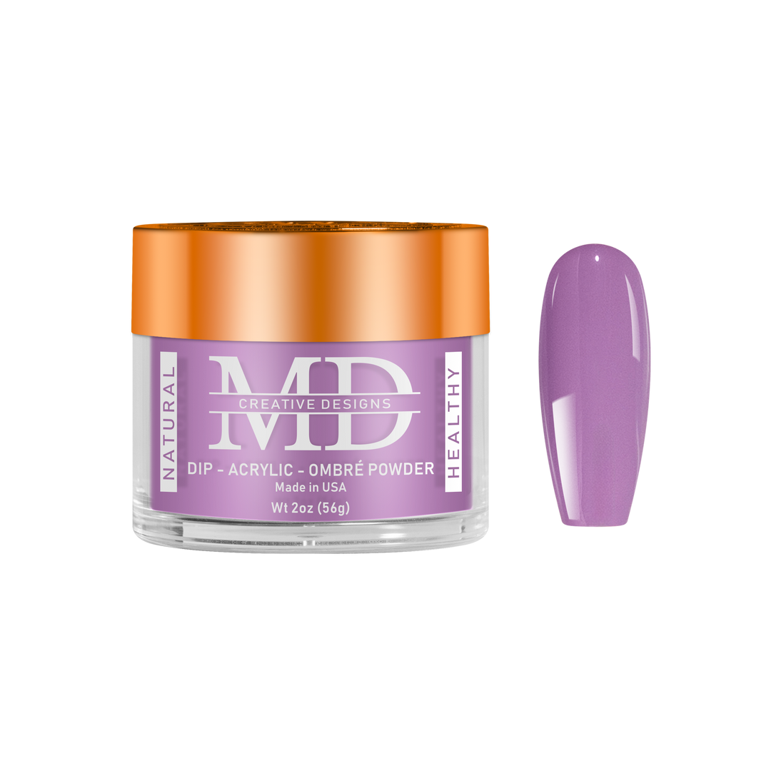 Jar of MD nail powder with a purple nail tip swatch on a white background