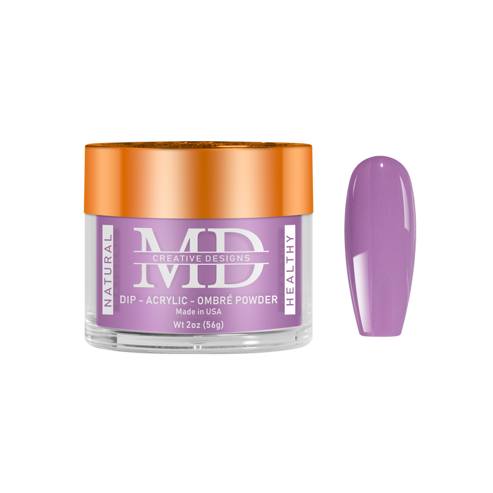 Jar of MD nail powder with a purple nail tip swatch on a white background