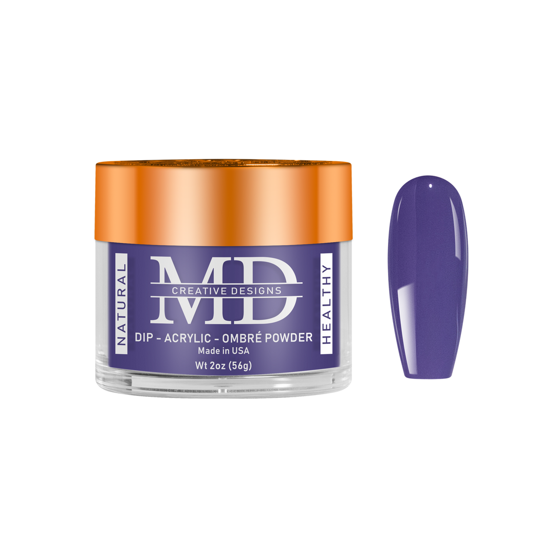 Jar of MD nail powder with a purple nail tip swatch on a white background