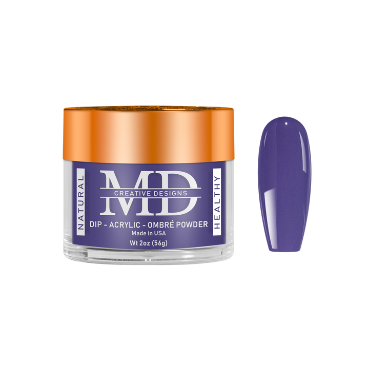 Jar of MD nail powder with a purple nail tip swatch on a white background