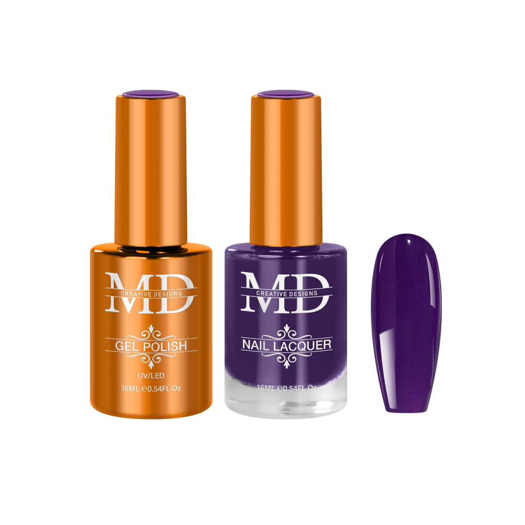 Two nail polish bottles with a purple nail tip swatch on a white background