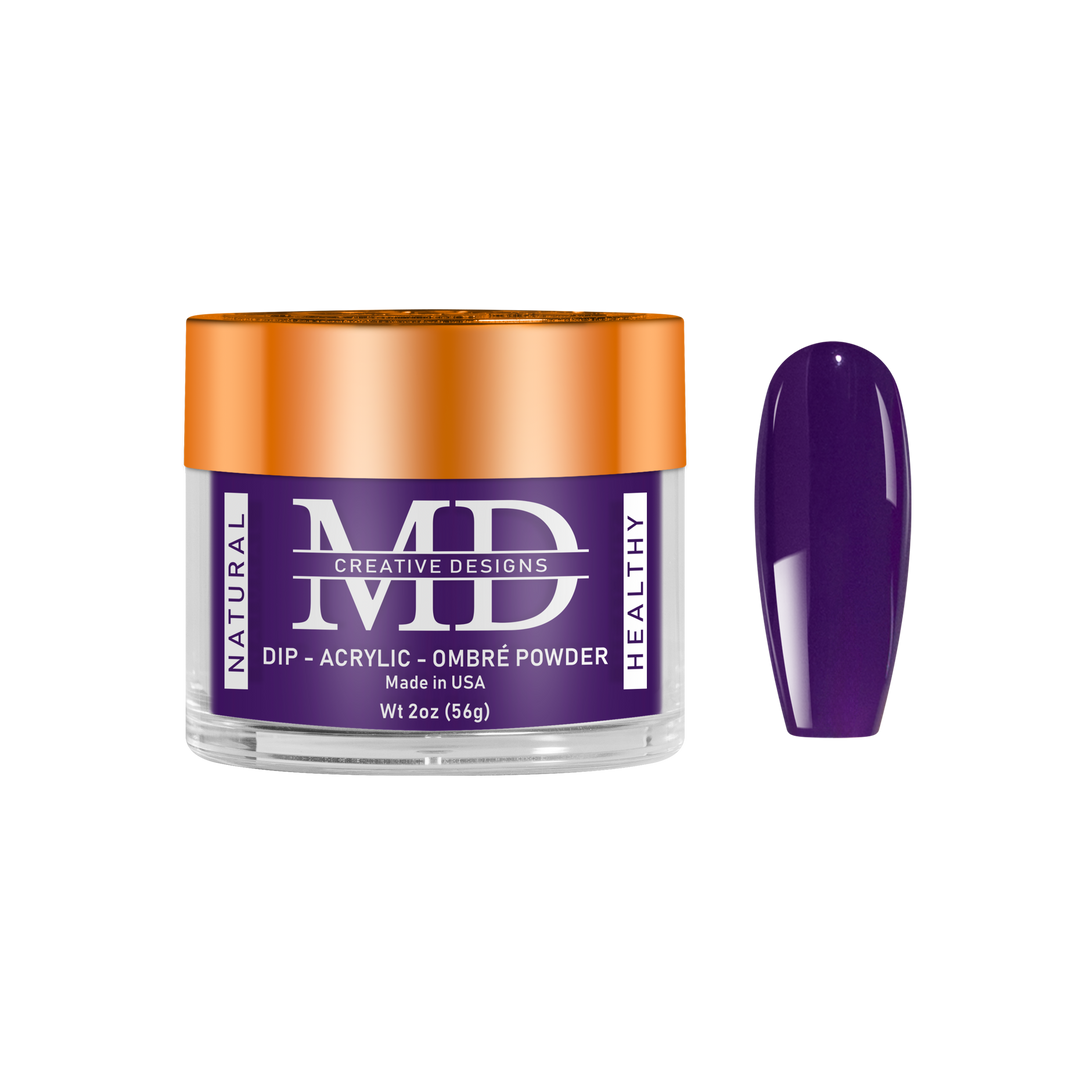 Purple powder container with orange lid and a purple nail tip swatch on a white background