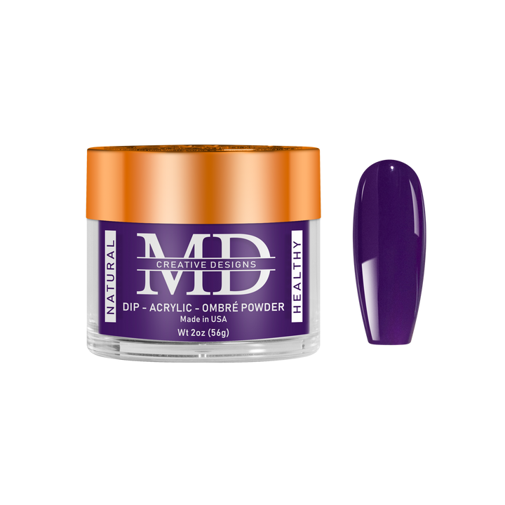 Purple powder container with orange lid and a purple nail tip swatch on a white background