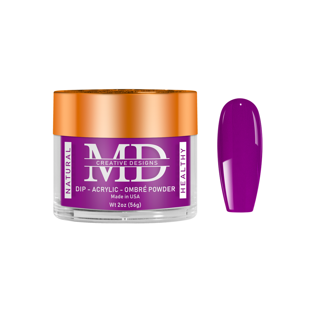 Jar of MD nail powder with a purple nail tip swatch on a white background
