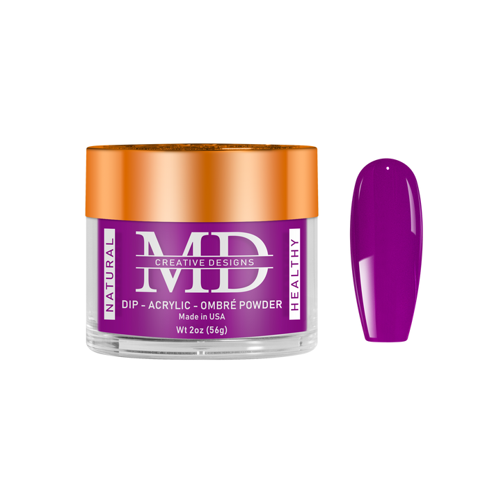 Jar of MD nail powder with a purple nail tip swatch on a white background