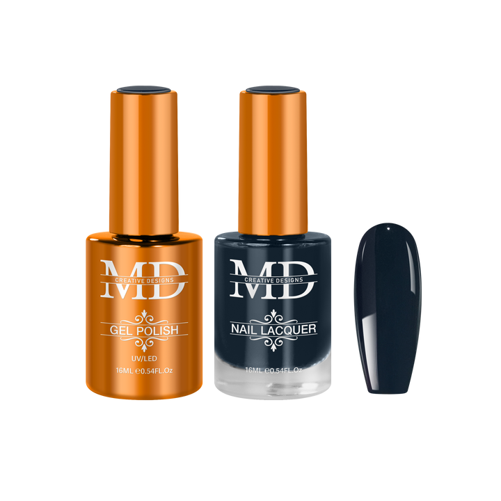Two nail polish bottles with a black nail tip swatch on a white background