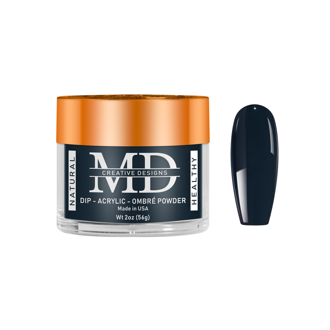 Nail powder container with a black nail tip swatch on a white background