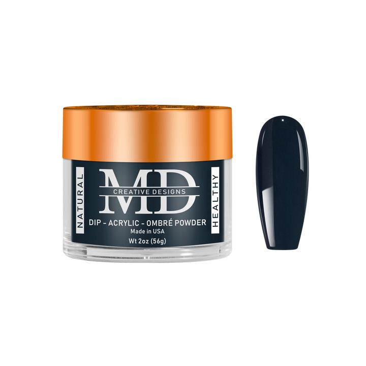 Nail powder container with a black nail tip swatch on a white background