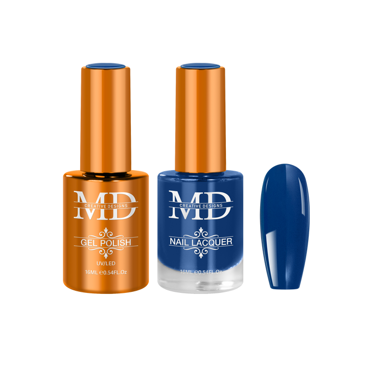 Two nail polish bottles with a matching blue nail swatch on a white background.