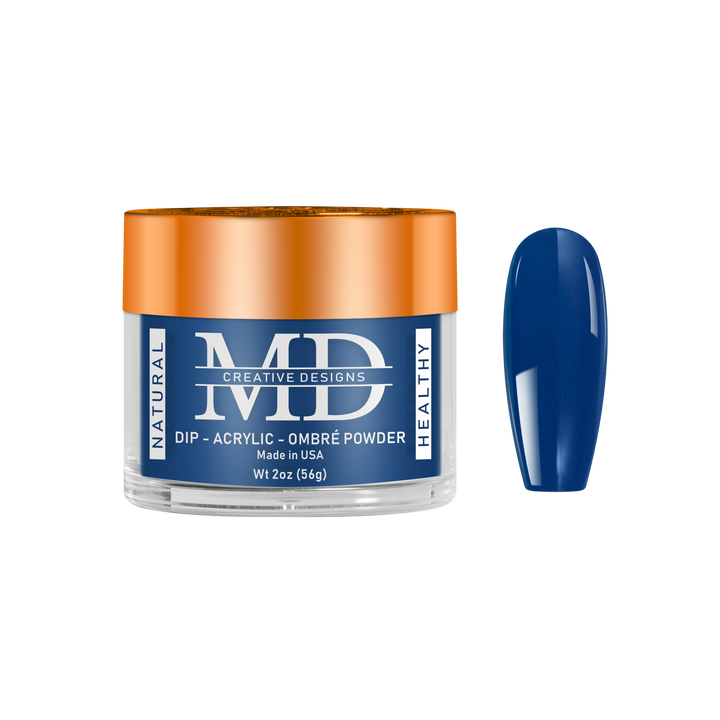 Jar of MD nail powder with a blue nail tip swatch on a white background