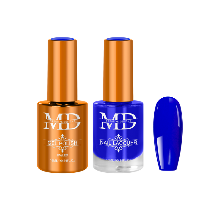 Two bottles of nail polish with a blue nail tip swatch on a white background.