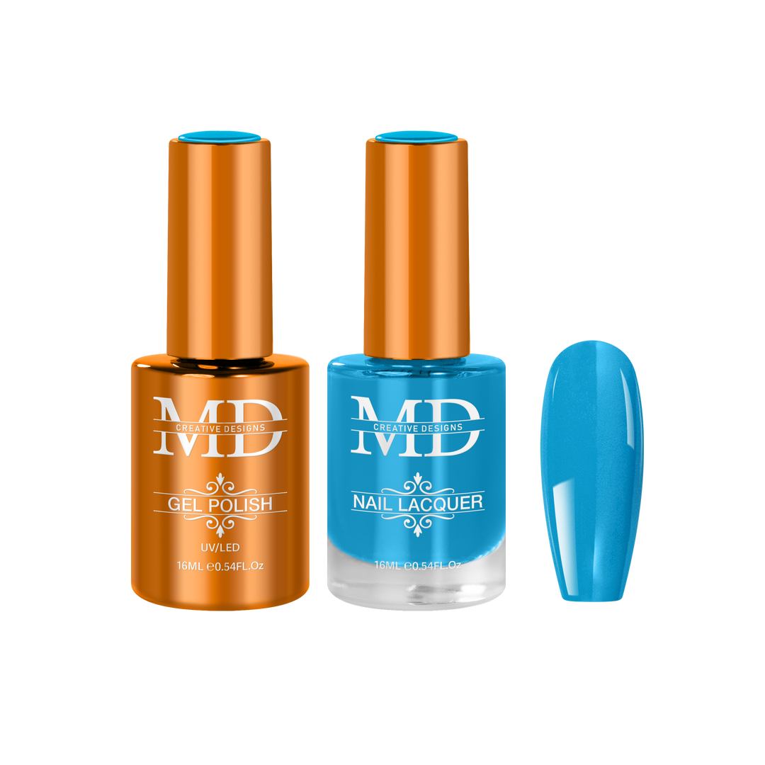 Two bottles of nail polish with a blue nail tip swatch on a white background.