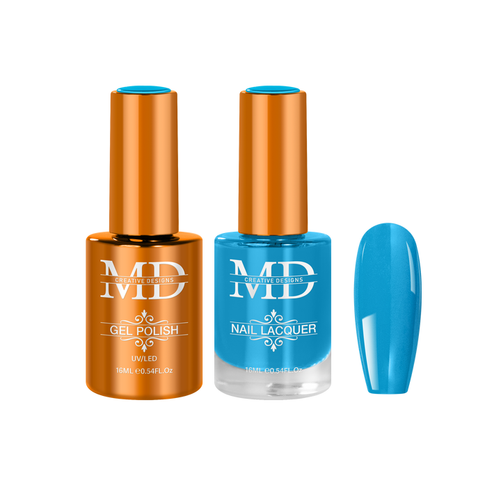 Two bottles of nail polish with a blue nail tip swatch on a white background.