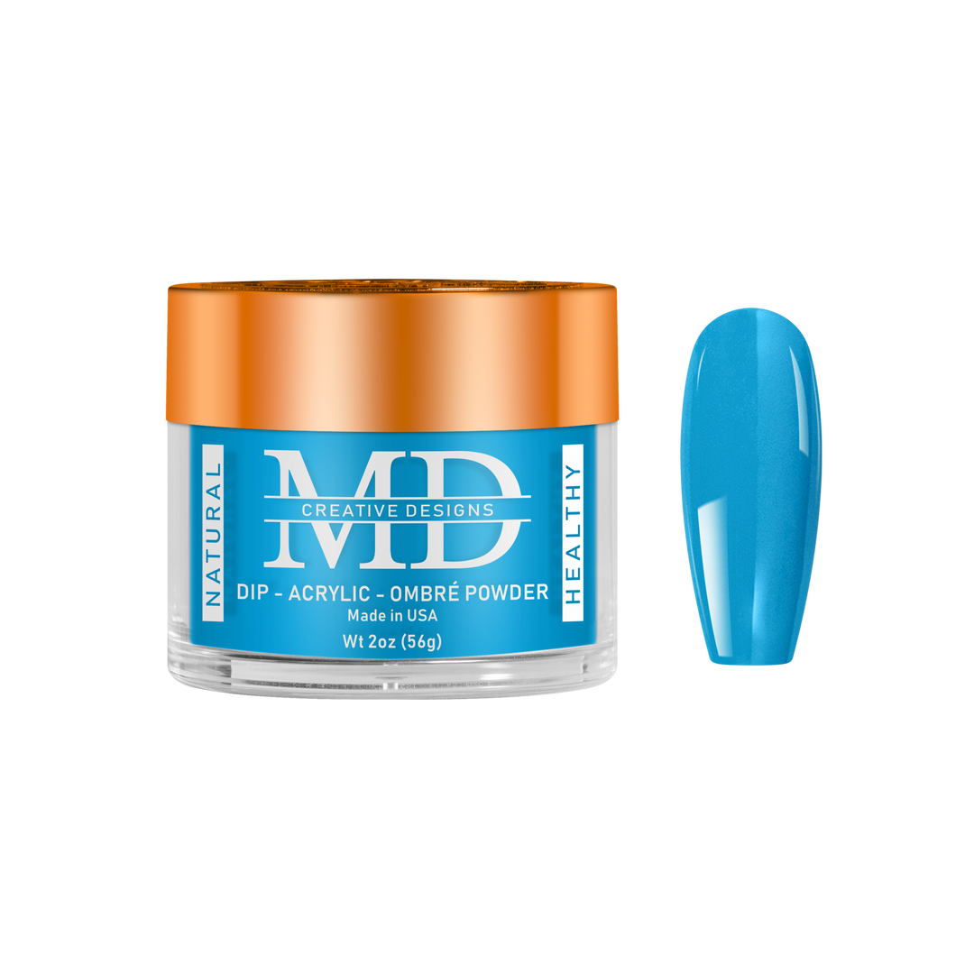 Jar of MD nail powder with a blue nail tip swatch on a white background