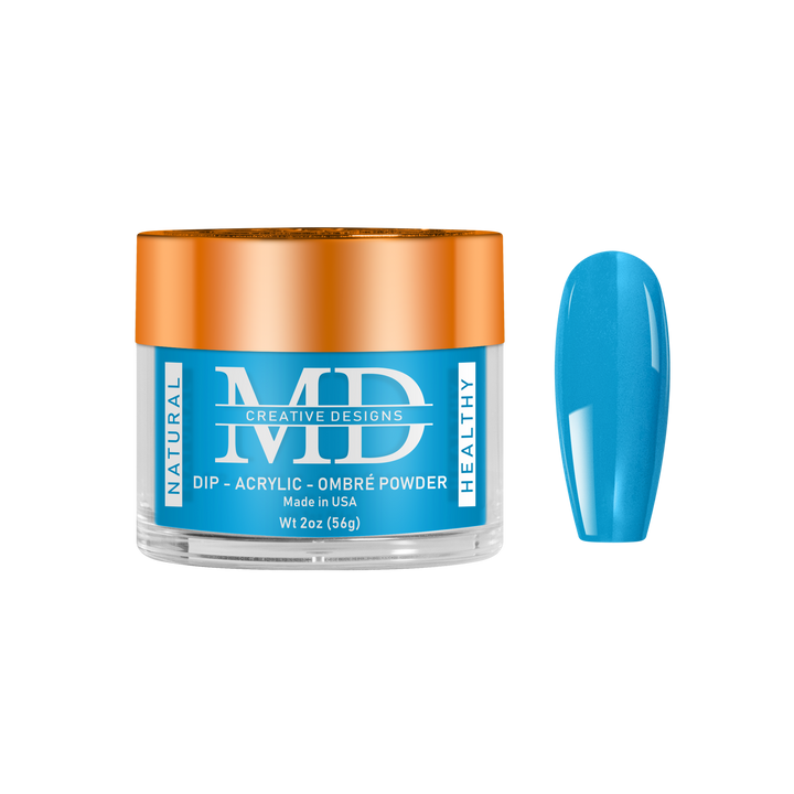 Jar of MD nail powder with a blue nail tip swatch on a white background