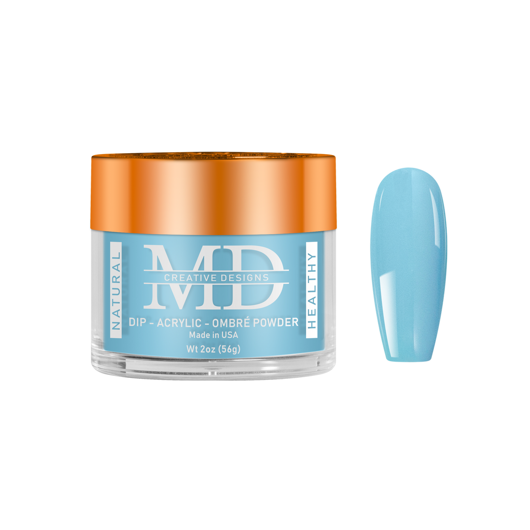 Jar of MD nail powder with a light blue color swatch on a white background