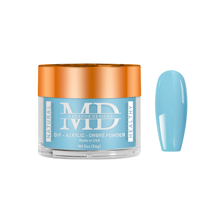 Jar of MD nail powder with a light blue color swatch on a white background