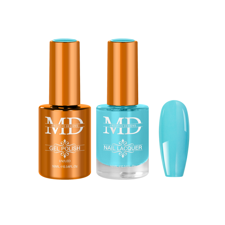 Two nail polish bottles with a matching blue nail tip swatch on a white background.