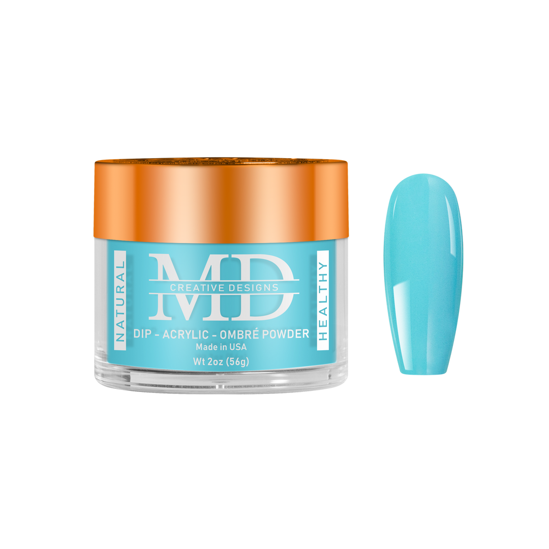 Jar of MD nail powder with a sample of blue nail tip swatch on a white background
