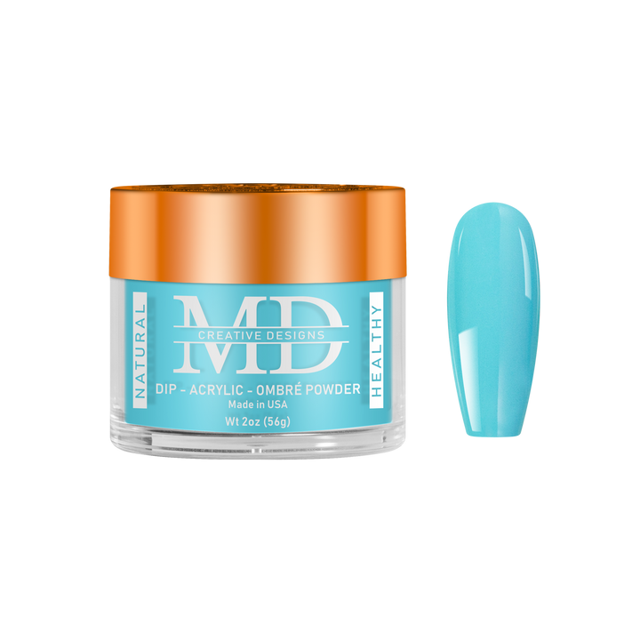 Jar of MD nail powder with a sample of blue nail tip swatch on a white background
