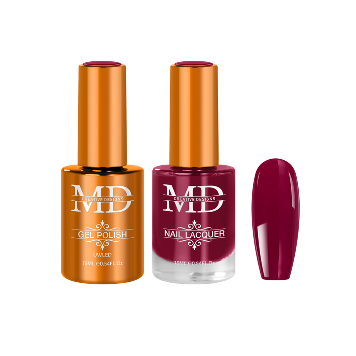 Two nail polish bottles with a maroon nail tip swatch on a white background