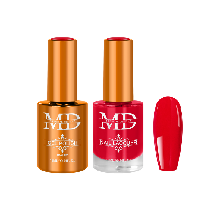 Two bottles of nail polish with a red nail tip swatch on a white background.